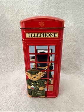 Harrods Red British Telephone Booth Tin Money Bank with Bear Illustration